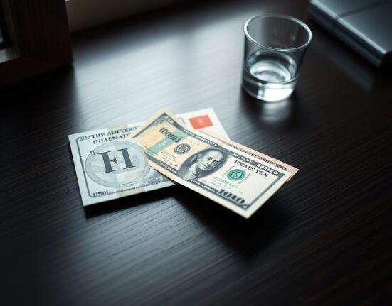 Japanese yen and US dollar banknotes on a desk representing currency market analysis.