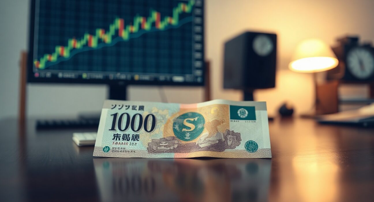 Close-up of a Japanese yen banknote on a desk with a forex chart in the background