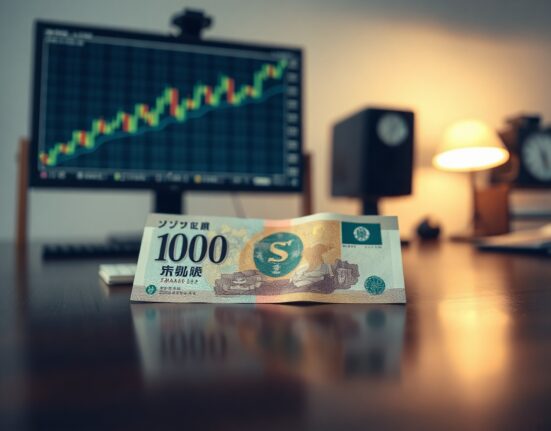 Close-up of a Japanese yen banknote on a desk with a forex chart in the background