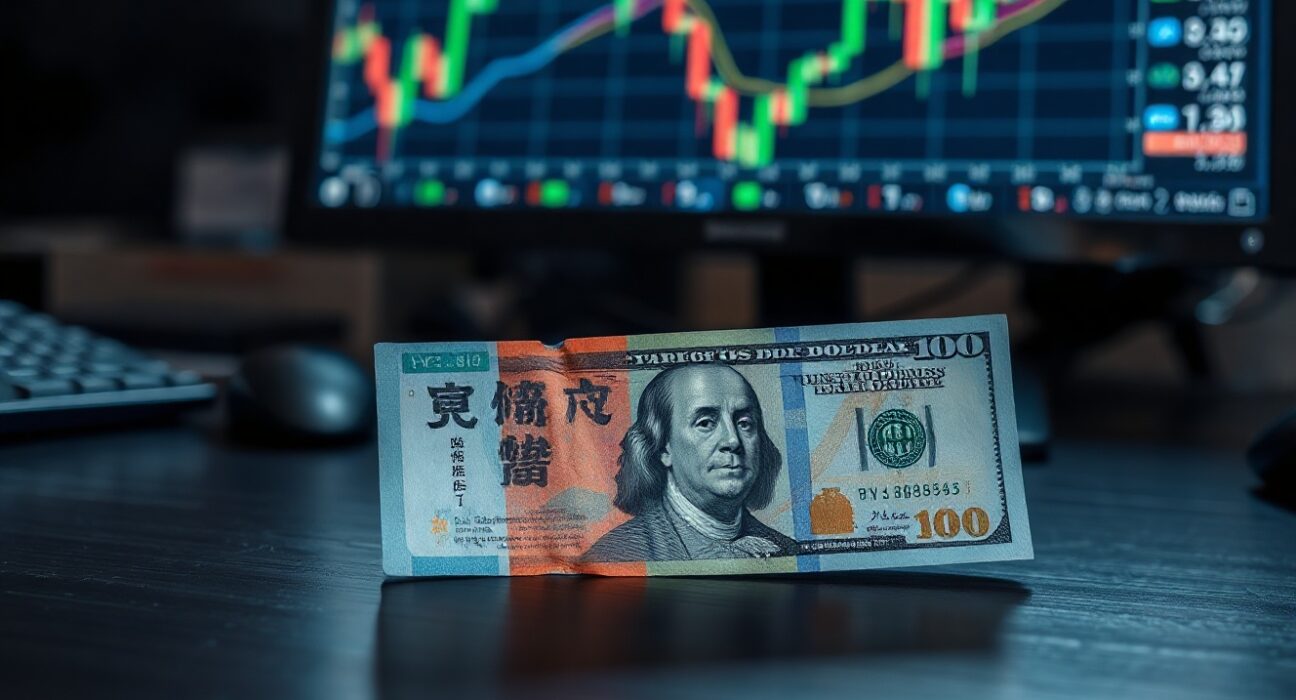 Japanese yen banknotes and US dollars on a desk with financial charts in background