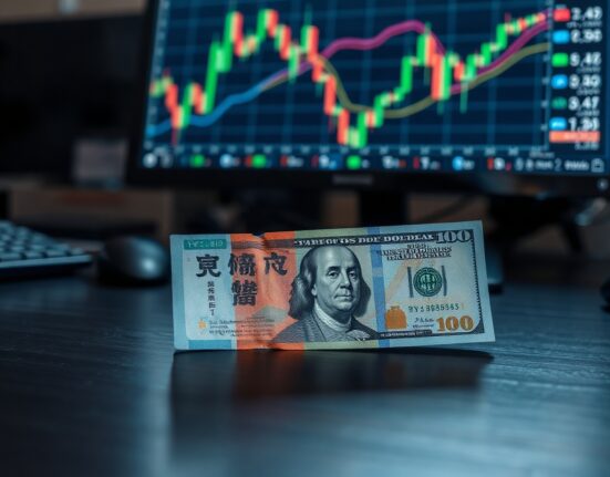 Japanese yen banknotes and US dollars on a desk with financial charts in background