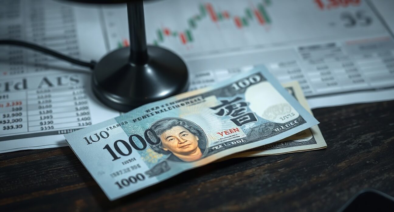 Japanese yen notes and US dollars on a desk with forex chart in background