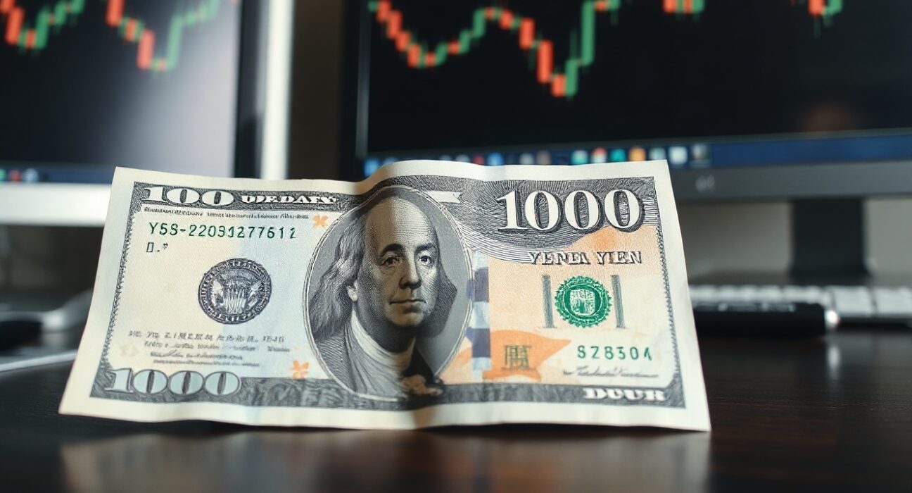 Close-up of Japanese yen and US dollar banknotes on a desk with blurred charts in background