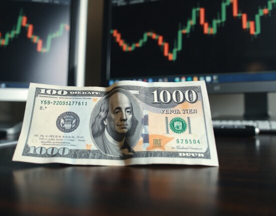 Close-up of Japanese yen and US dollar banknotes on a desk with blurred charts in background