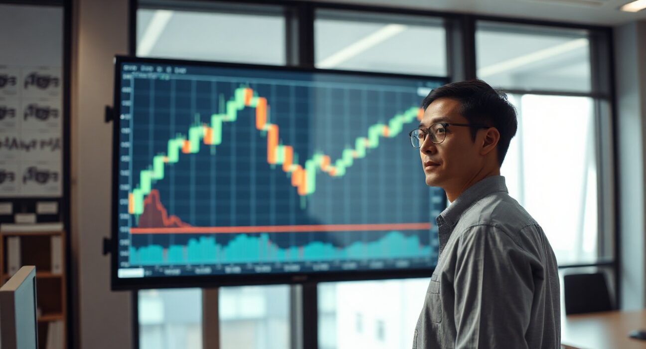 Financial analyst reviewing Japanese Yen chart with upward trend on digital display
