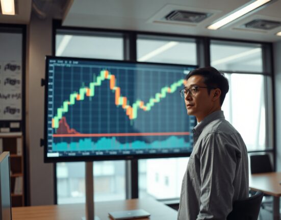 Financial analyst reviewing Japanese Yen chart with upward trend on digital display
