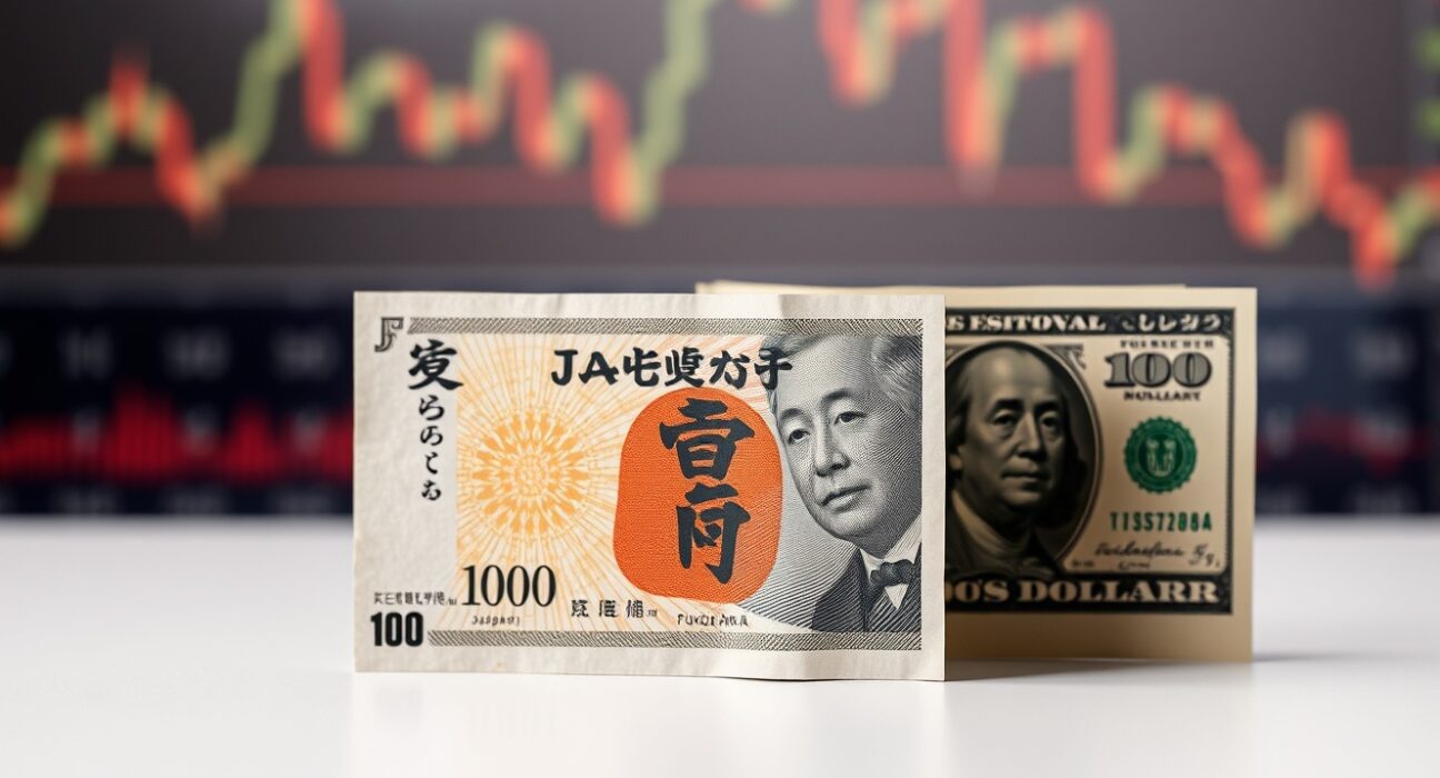 Japanese yen and US dollar banknotes side by side on a surface with financial chart background