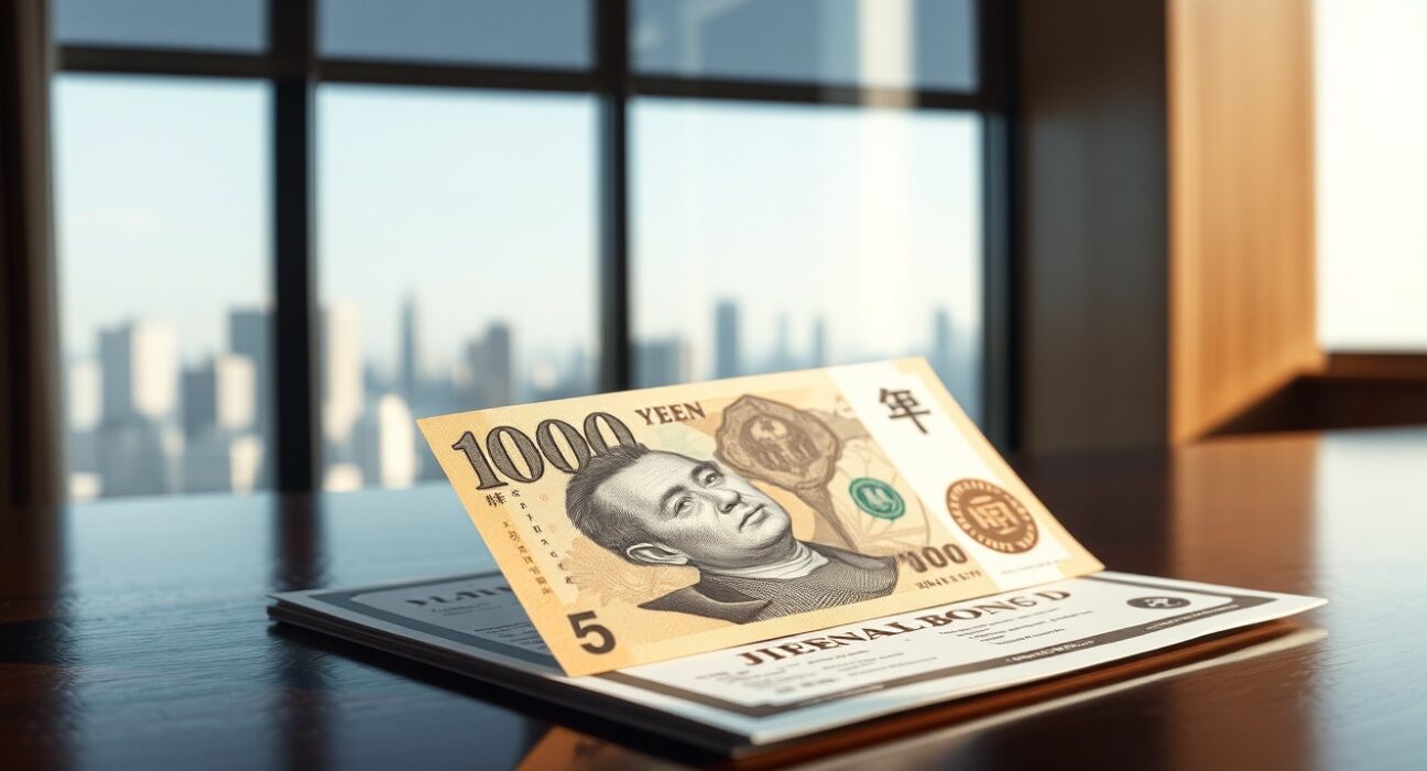 Japanese yen banknote and JGB certificate on desk with financial district skyline background