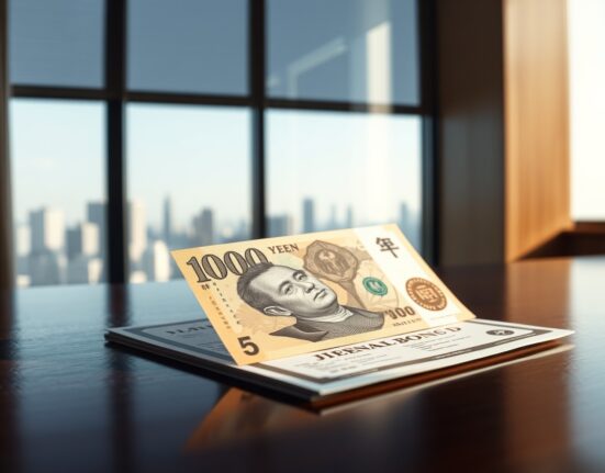 Japanese yen banknote and JGB certificate on desk with financial district skyline background
