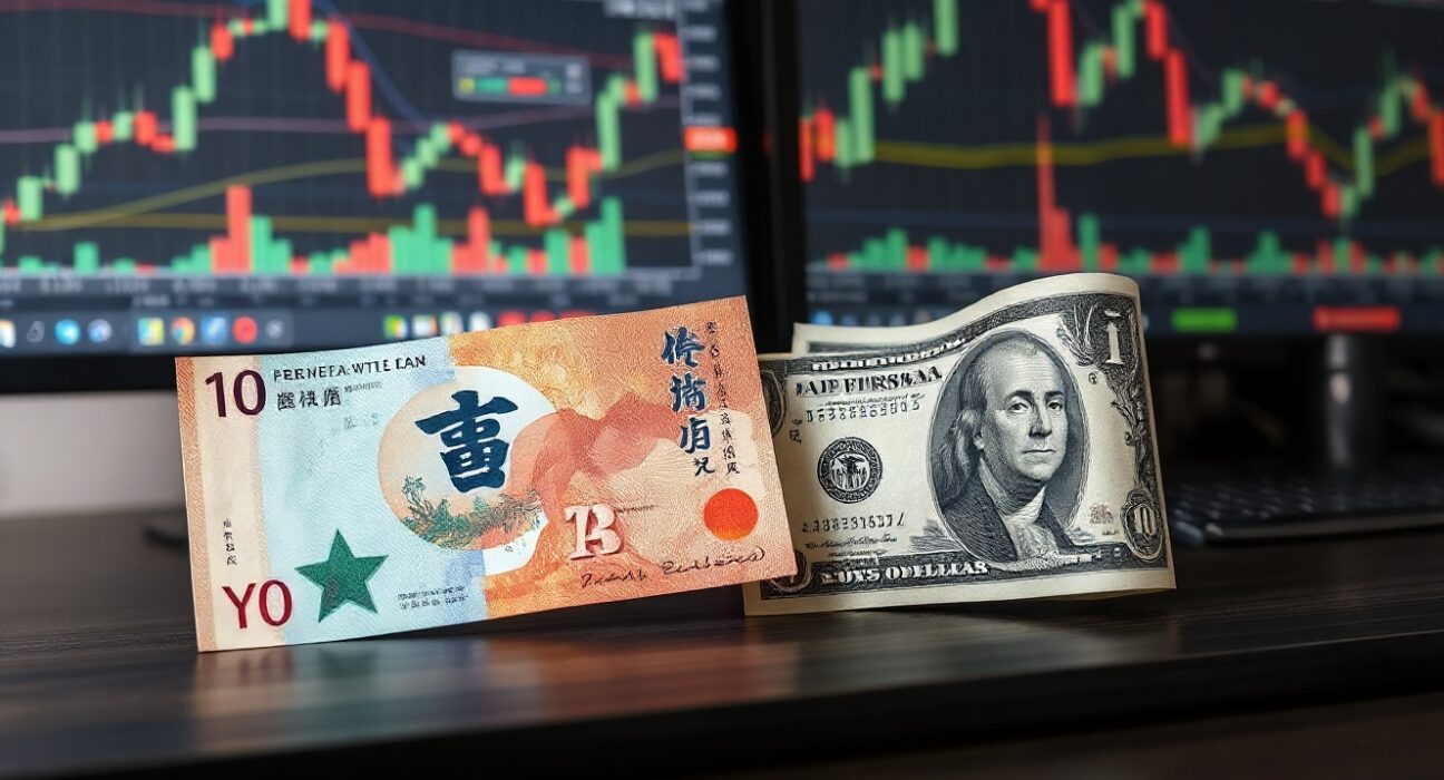 Japanese yen and US dollar banknotes with a financial chart in the background