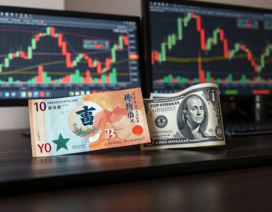 Japanese yen and US dollar banknotes with a financial chart in the background