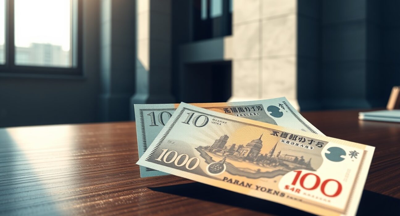 Japanese yen banknotes with Bank of Japan headquarters representing currency policy uncertainty