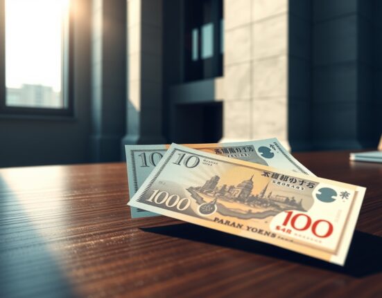 Japanese yen banknotes with Bank of Japan headquarters representing currency policy uncertainty