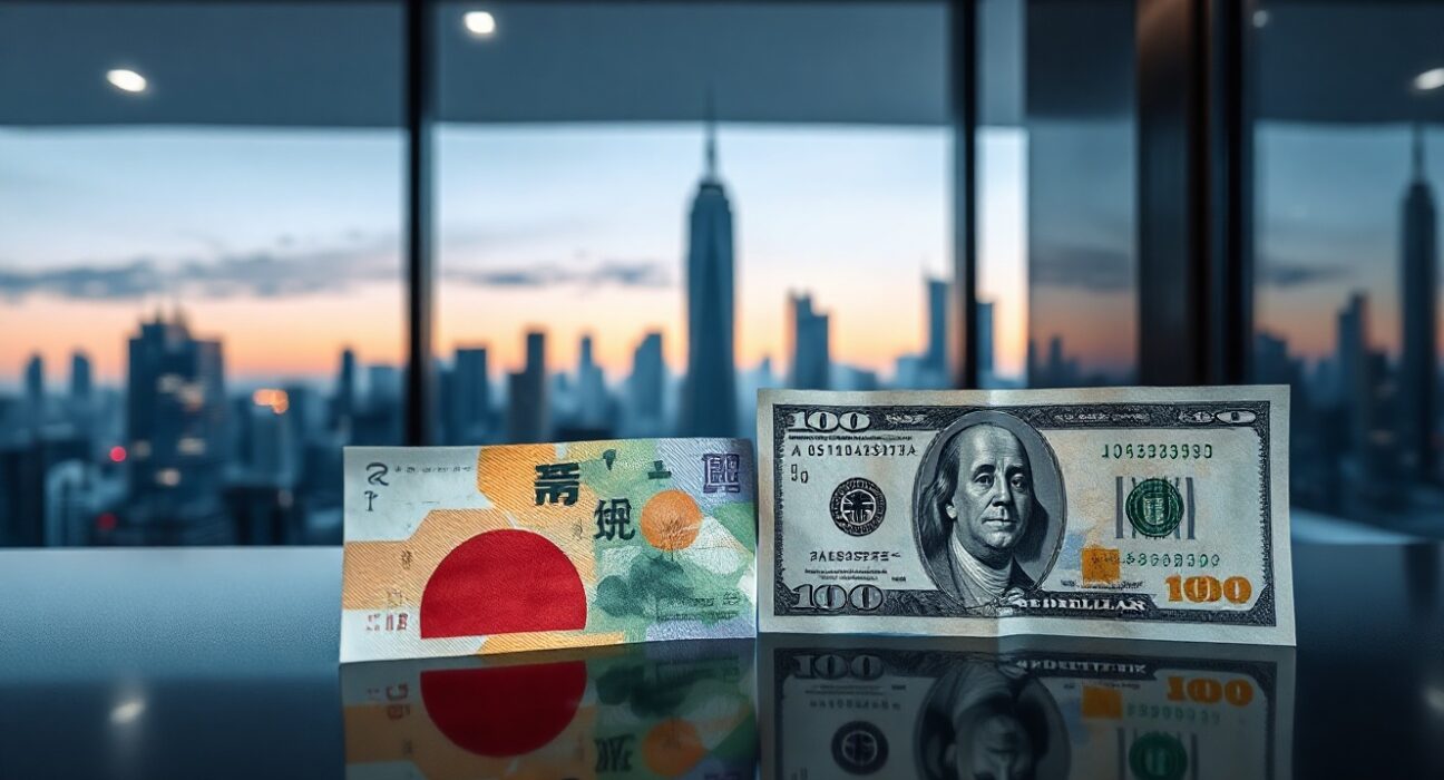 Japanese Yen and US Dollar banknotes on a reflective surface, symbolizing the USD/JPY currency pair dynamics.