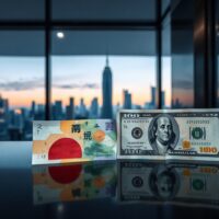 Japanese Yen and US Dollar banknotes on a reflective surface, symbolizing the USD/JPY currency pair dynamics.