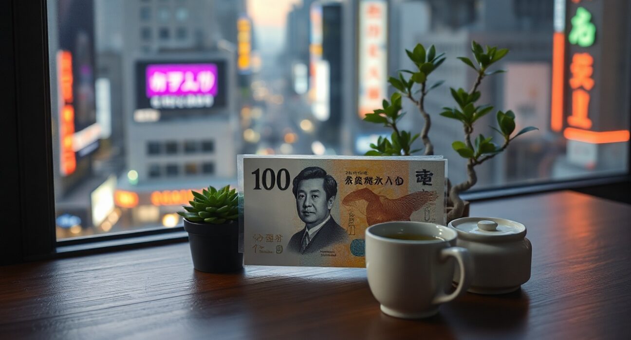 Japanese yen banknote on desk with bonsai and tea, symbolizing limited currency support from BoJ rate hike
