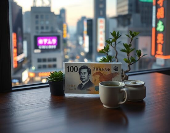 Japanese yen banknote on desk with bonsai and tea, symbolizing limited currency support from BoJ rate hike