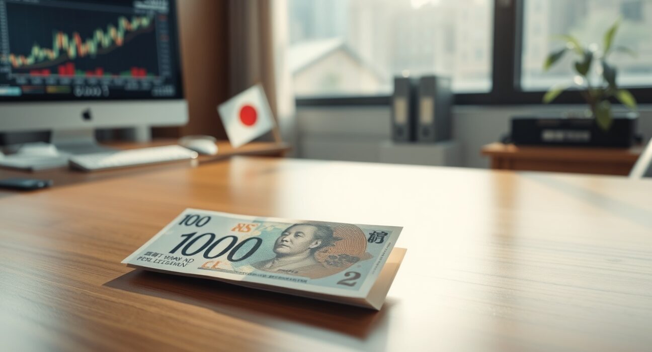 Japanese Yen banknote on desk with financial charts in background