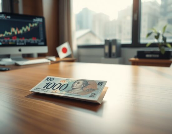Japanese Yen banknote on desk with financial charts in background