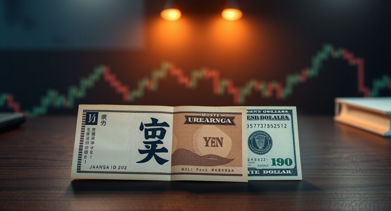 Japanese Yen and US dollar banknotes on a desk with a subtle financial chart background