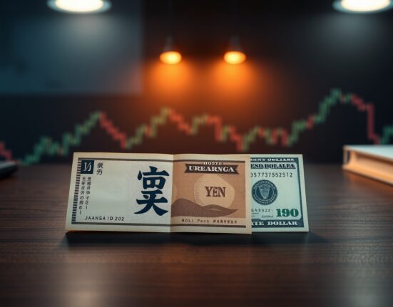 Japanese Yen and US dollar banknotes on a desk with a subtle financial chart background