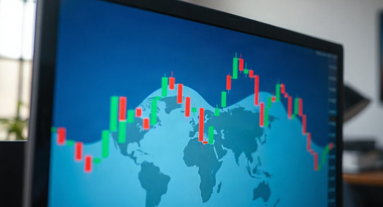 USD/JPY candlestick chart on a trading screen in a professional office setting