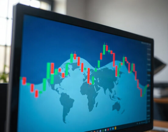 USD/JPY candlestick chart on a trading screen in a professional office setting