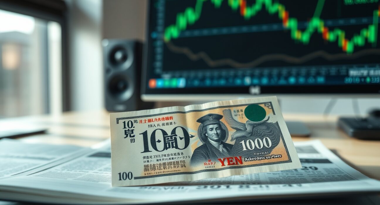 Close-up of a Japanese 10,000 Yen note on a desk with a financial chart in the background.