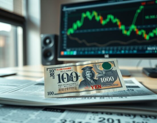 Close-up of a Japanese 10,000 Yen note on a desk with a financial chart in the background.