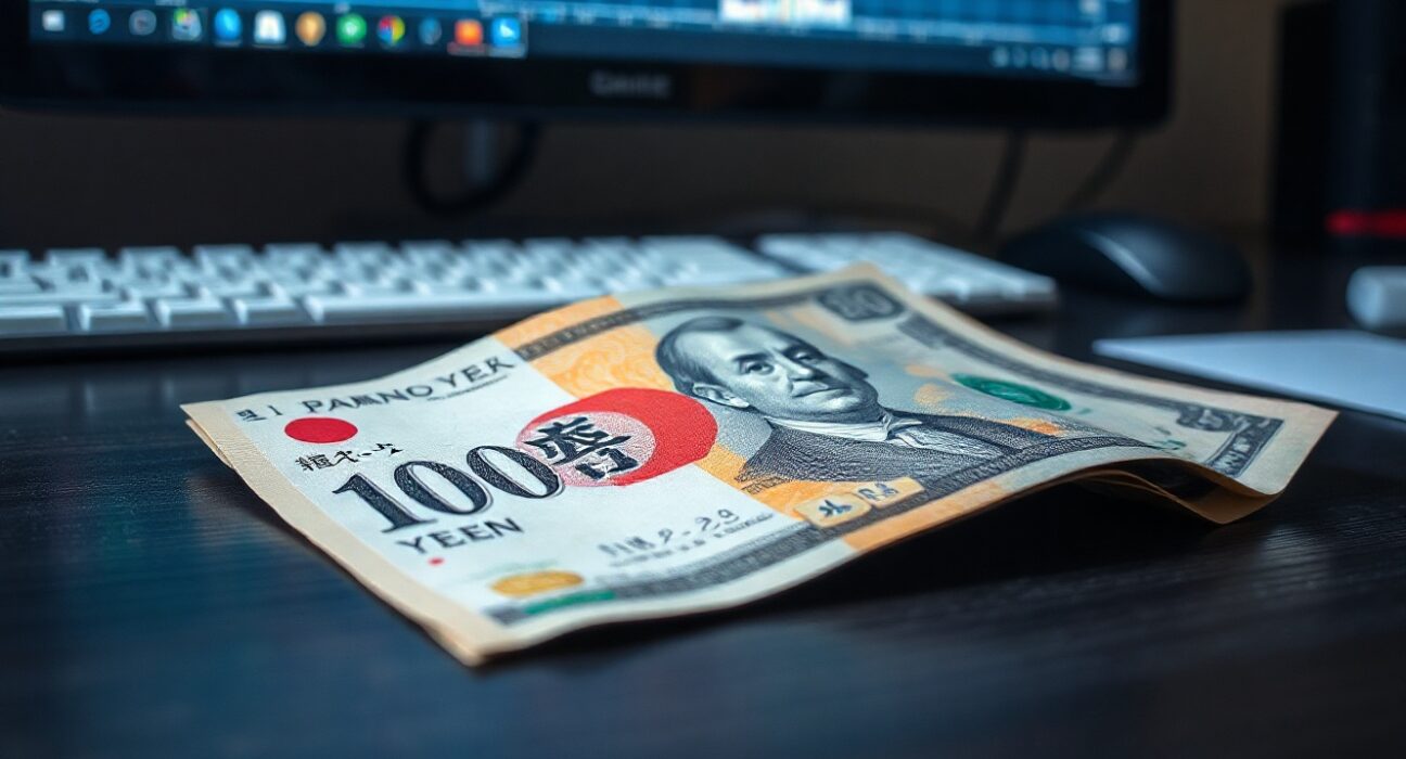Japanese yen banknotes and US dollars on a desk with a financial chart in the background