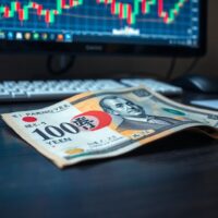 Japanese yen banknotes and US dollars on a desk with a financial chart in the background
