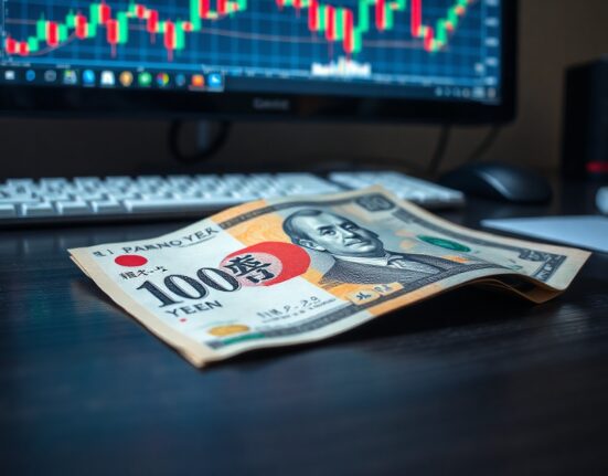 Japanese yen banknotes and US dollars on a desk with a financial chart in the background