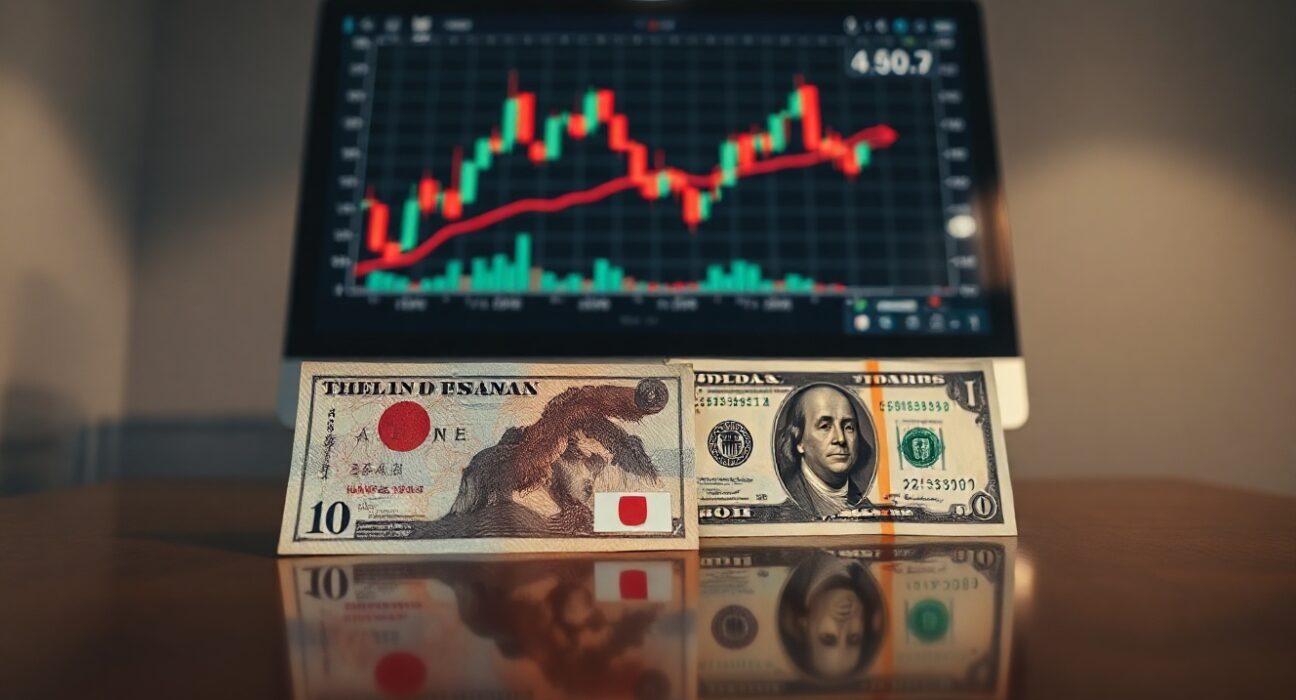 Japanese yen and US dollar banknotes on a desk with a financial chart in the background
