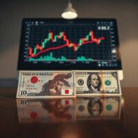 Japanese yen and US dollar banknotes on a desk with a financial chart in the background