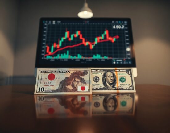 Japanese yen and US dollar banknotes on a desk with a financial chart in the background