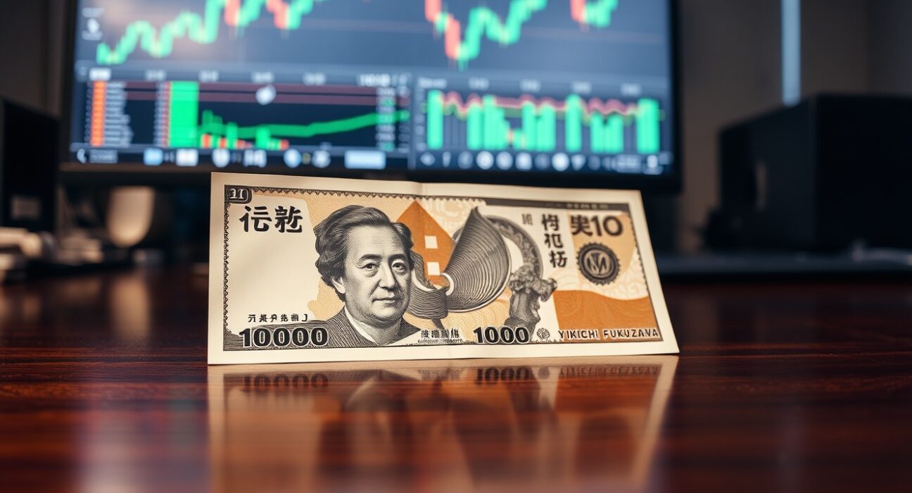 Close-up of a Japanese 10,000 Yen banknote on a desk with a blurred forex chart in the background.