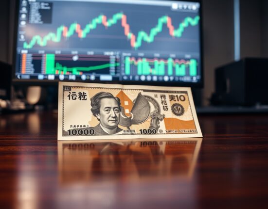 Close-up of a Japanese 10,000 Yen banknote on a desk with a blurred forex chart in the background.