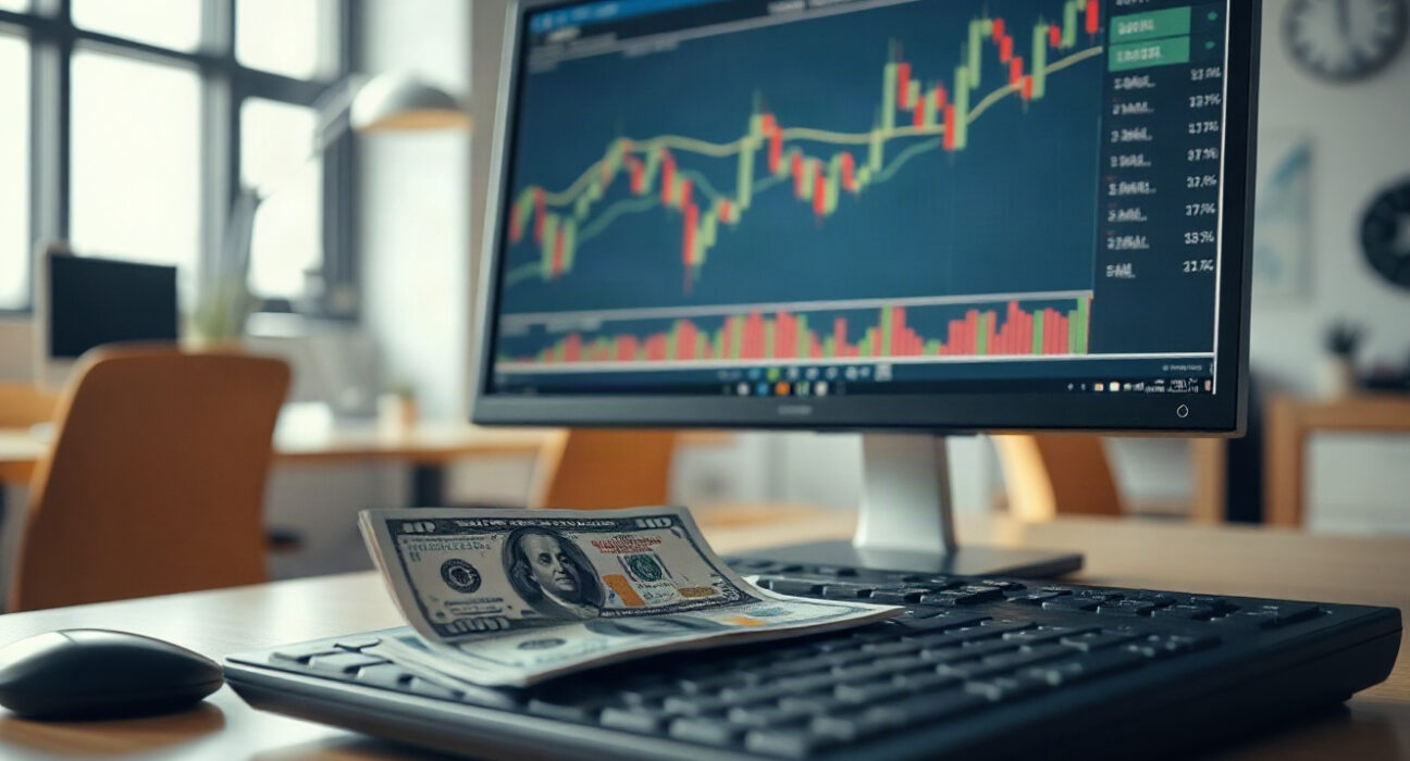 USD/JPY chart on a monitor with Japanese yen and US dollar banknotes on a desk
