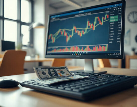 USD/JPY chart on a monitor with Japanese yen and US dollar banknotes on a desk