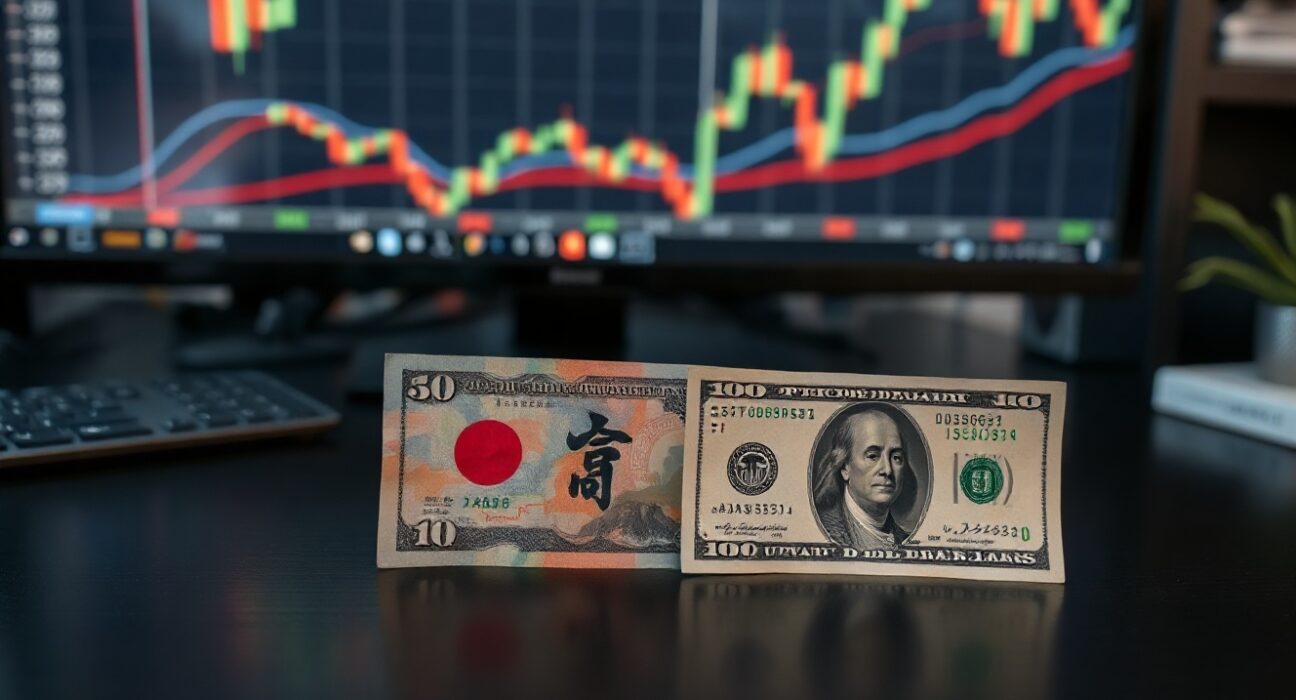 Japanese yen and US dollar banknotes on a desk with financial charts in background
