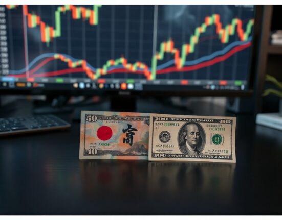 Japanese yen and US dollar banknotes on a desk with financial charts in background