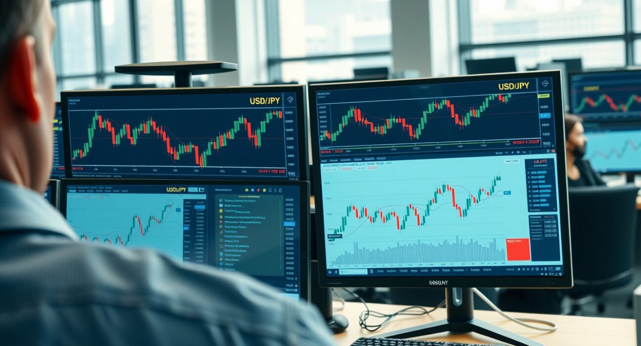 Forex trading screens in Tokyo showing volatile USD/JPY chart near the 150 intervention level