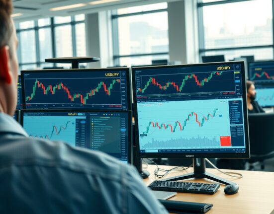 Forex trading screens in Tokyo showing volatile USD/JPY chart near the 150 intervention level