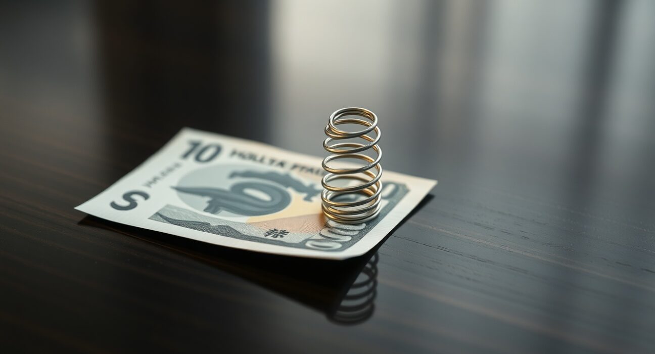 Japanese yen banknote with a coiled spring on a desk, symbolizing market tension.