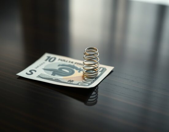 Japanese yen banknote with a coiled spring on a desk, symbolizing market tension.