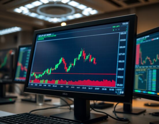 USD/JPY forex trading chart showing consolidation near 156.00 level on a professional trading screen