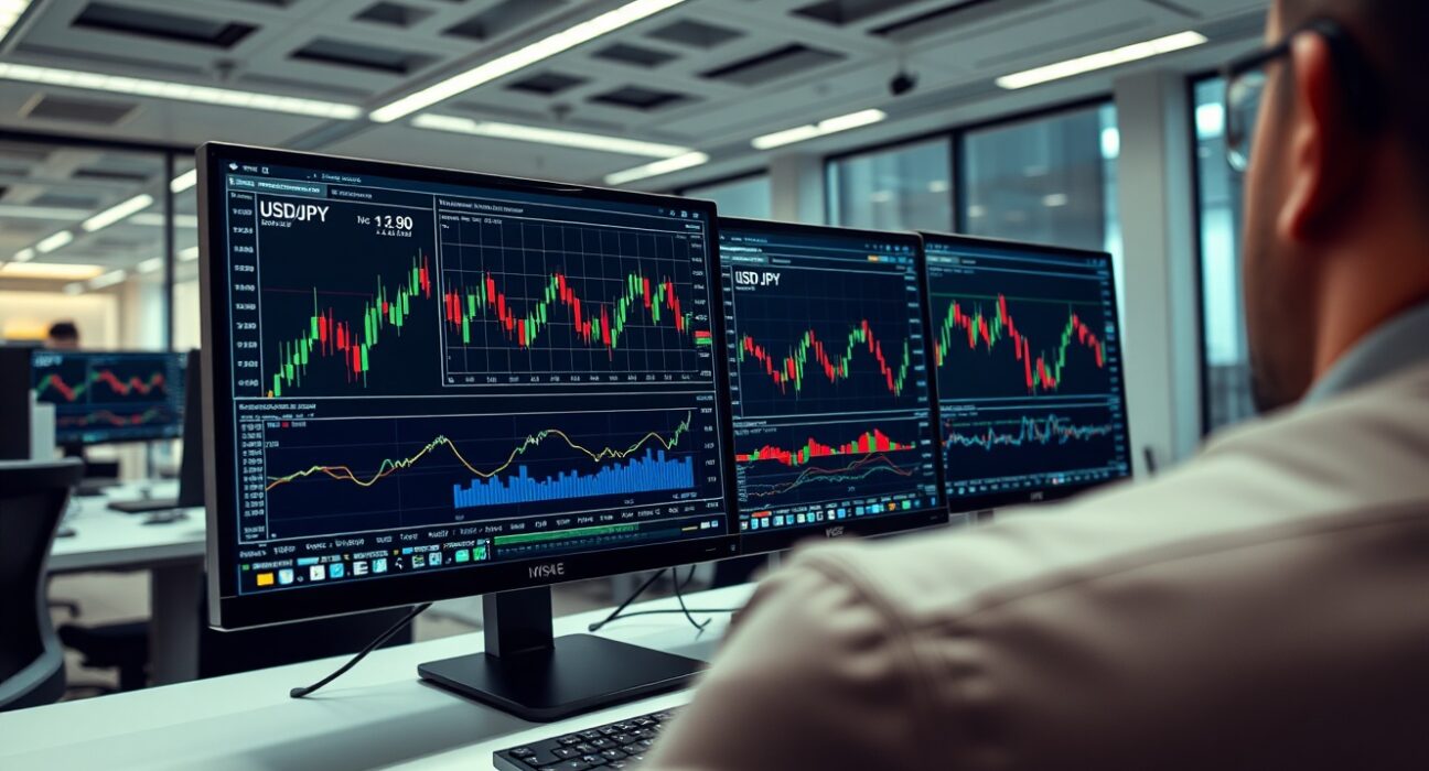 Forex trading desk with USD/JPY chart on monitors in a modern financial office