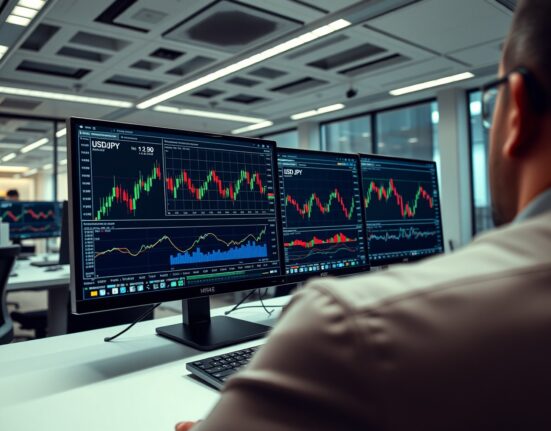 Forex trading desk with USD/JPY chart on monitors in a modern financial office