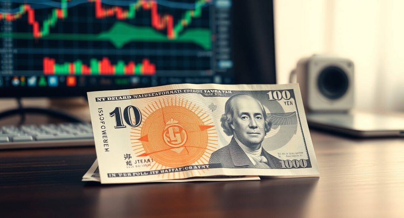 Japanese yen and US dollar banknotes on a desk with a forex chart in the background
