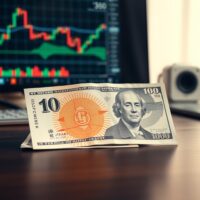 Japanese yen and US dollar banknotes on a desk with a forex chart in the background
